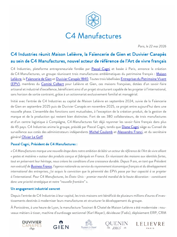 Communiqué de presse – Lancement C4 Manufactures (Mai 2026)