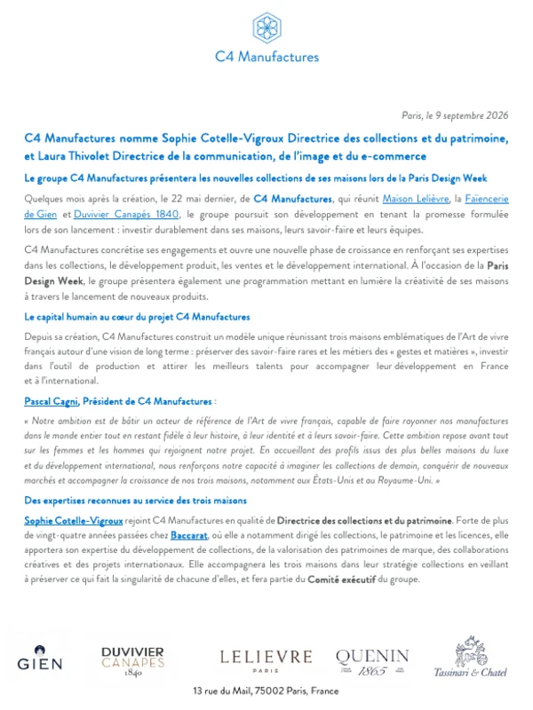 Communiqué de presse – C4 Manufactures – Paris Design Week 2026
